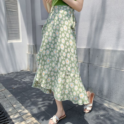 Jednodijelna kravata u obliku male tratinčice sa suknjom od šifona, ženska ljetna ljetna suknja visokog struka, tanki rub lotosovog lišća, srednje duljine, isjeckana vilinska suknja