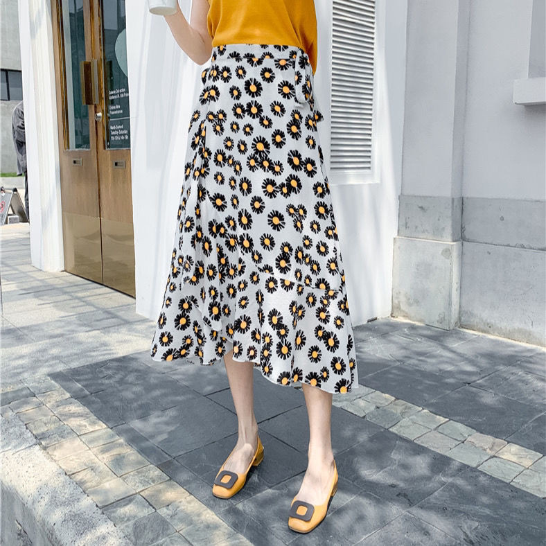 Jednodijelna kravata u obliku male tratinčice sa suknjom od šifona, ženska ljetna ljetna suknja visokog struka, tanki rub lotosovog lišća, srednje duljine, isjeckana vilinska suknja