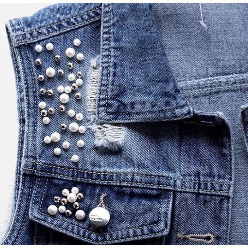 Vestă de blugi pentru femei, perle de lux, moda 2023, primăvară, toamnă, blugi, jachetă, fără mâneci, haină scurtă, vestă, îmbrăcăminte de stradă pentru femei