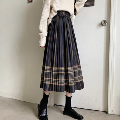 Retro vilnonis languotas sijonas rudens ir žiemos moterų tarpukojis aukštu juosmeniu yra plonesnis vidutinio ilgio etninio stiliaus klostuotas A formos sijonas