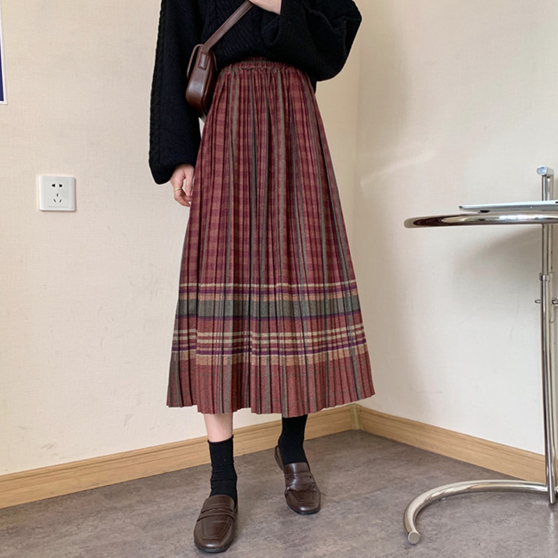 Retro vilnonis languotas sijonas rudens ir žiemos moterų tarpukojis aukštu juosmeniu yra plonesnis vidutinio ilgio etninio stiliaus klostuotas A formos sijonas