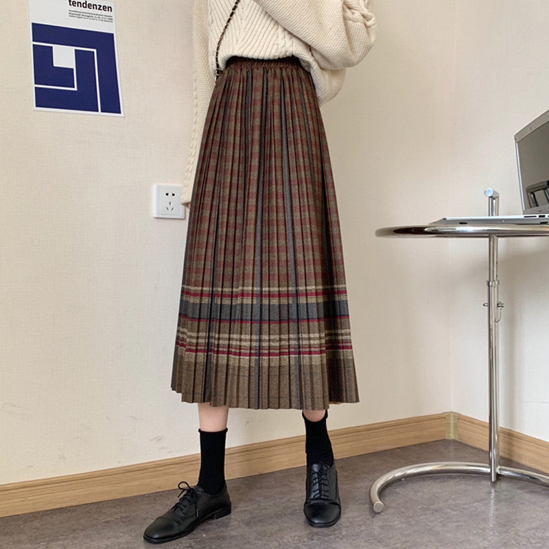 Retro vilnonis languotas sijonas rudens ir žiemos moterų tarpukojis aukštu juosmeniu yra plonesnis vidutinio ilgio etninio stiliaus klostuotas A formos sijonas