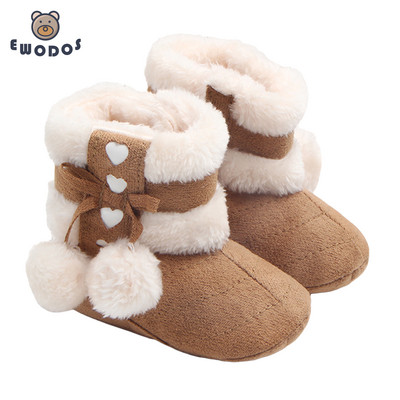 EWODOS Прохождащи новородени момичета Зимни топли ботуши Сладки обувки за сняг с плюшени помпи с лък Топли бебешки обувки за прохождане за бебета момичета