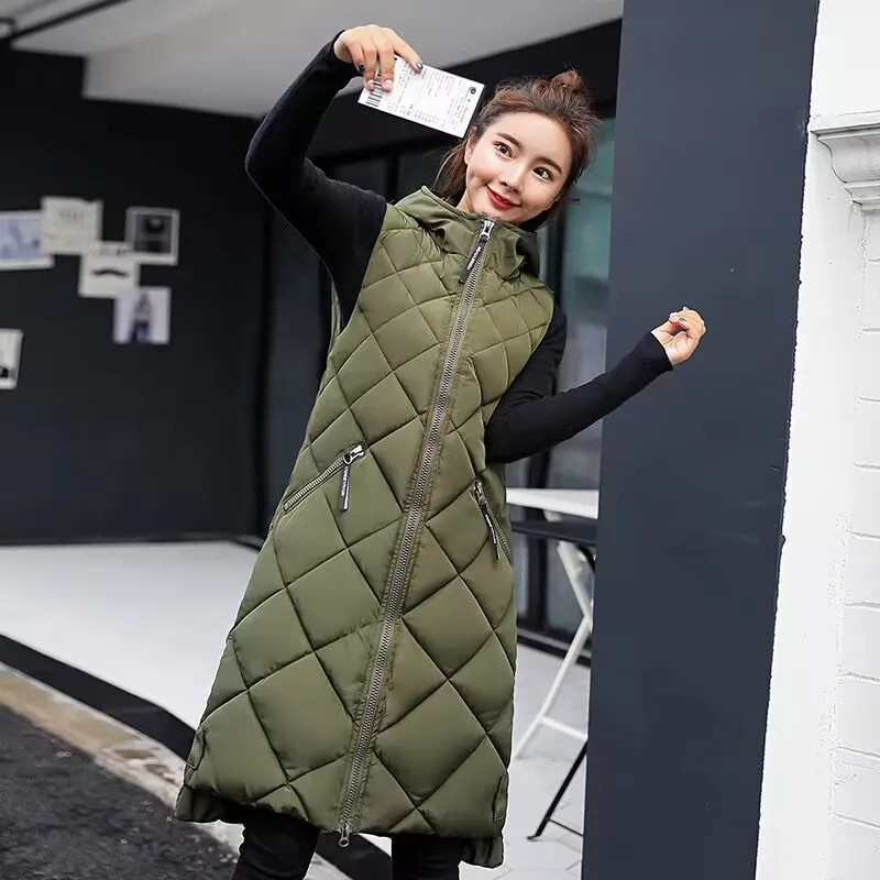 2023 vestă de modă pentru femei fără mâneci Jachetă lungă din puf, solidă, coreeană, cu glugă, vestă căptușită, largi pentru femei, vestă casual de iarnă