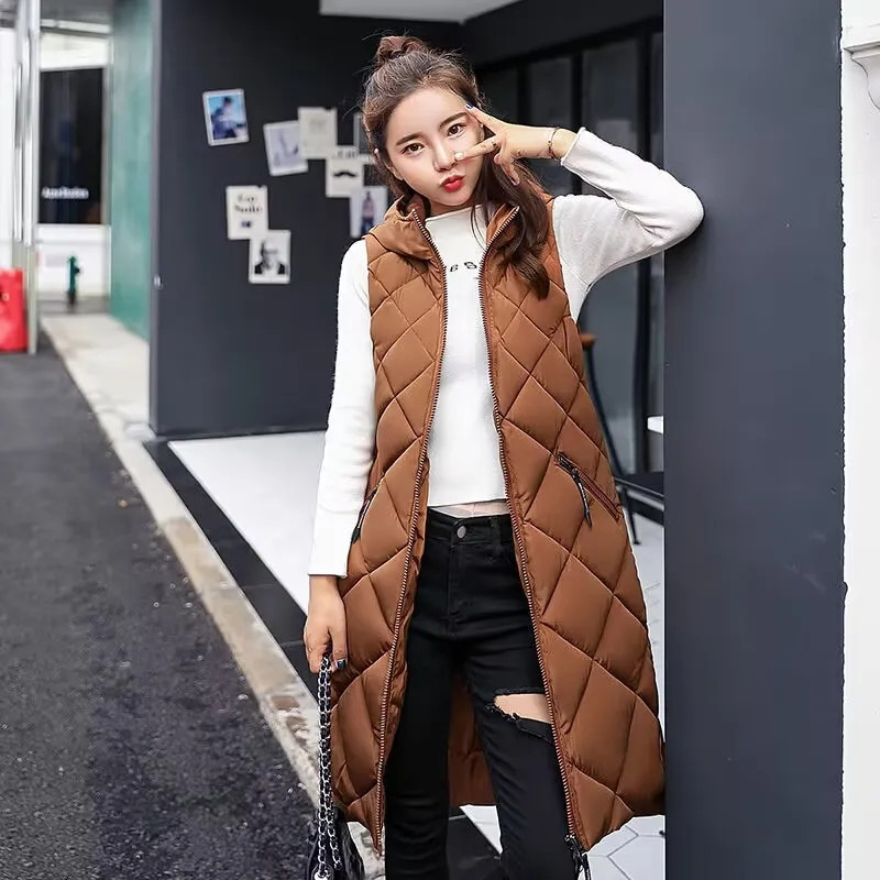 2023 vestă de modă pentru femei fără mâneci Jachetă lungă din puf, solidă, coreeană, cu glugă, vestă căptușită, largi pentru femei, vestă casual de iarnă