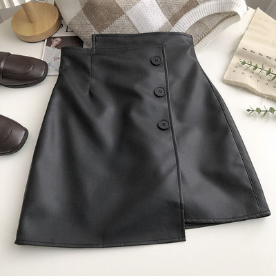 Fusta de birou vintage pentru femei, cu linie în formă de A, din piele PU, coreeană, casual, cu talie înaltă, fusta neregulată pentru studenți japonezi, mini fustă elegantă pentru femei