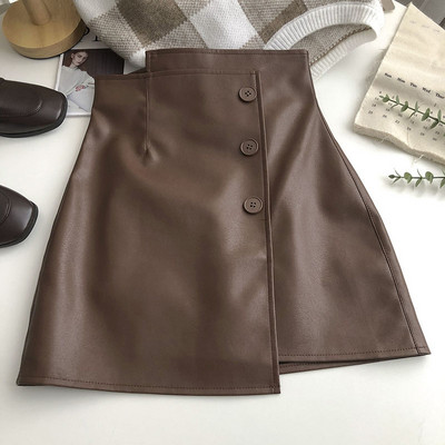 Fusta de birou vintage pentru femei, cu linie în formă de A, din piele PU, coreeană, casual, cu talie înaltă, fusta neregulată pentru studenți japonezi, mini fustă elegantă pentru femei