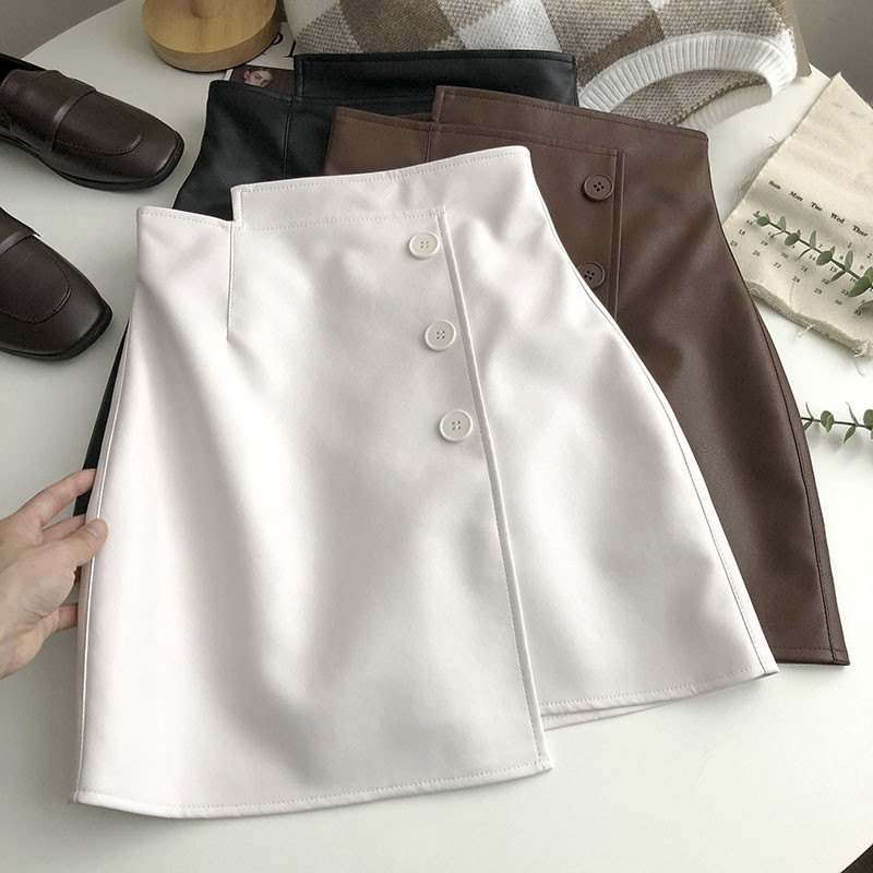 Fusta de birou vintage pentru femei, cu linie în formă de A, din piele PU, coreeană, casual, cu talie înaltă, fusta neregulată pentru studenți japonezi, mini fustă elegantă pentru femei