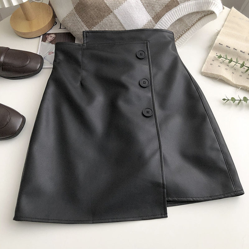 Fusta de birou vintage pentru femei, cu linie în formă de A, din piele PU, coreeană, casual, cu talie înaltă, fusta neregulată pentru studenți japonezi, mini fustă elegantă pentru femei