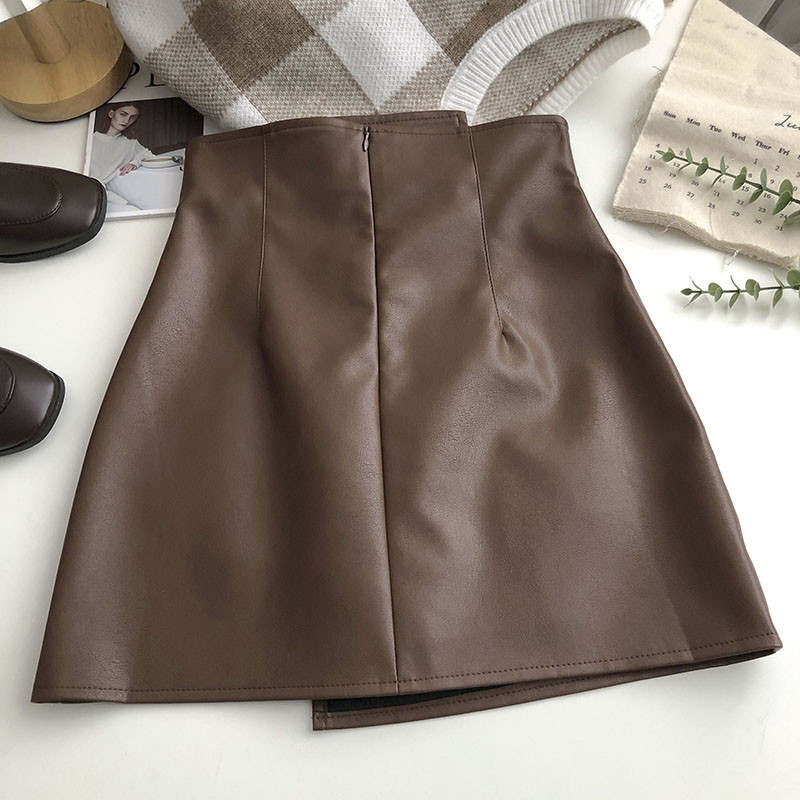 Fusta de birou vintage pentru femei, cu linie în formă de A, din piele PU, coreeană, casual, cu talie înaltă, fusta neregulată pentru studenți japonezi, mini fustă elegantă pentru femei