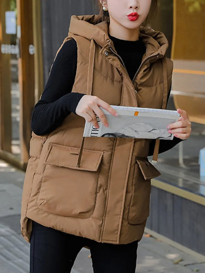 Γυναικείο βαμβακερό γιλέκο 2023 με κουκούλα Χειμερινό αμάνικο μπουφάν Γυναικείο ζεστό αντιανεμικό παχύ γιλέκο γιλέκο