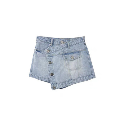 Asimetriški moteriški šortai su kišenėmis su mygtukais, vintažinė gatvės apranga Elegantiška mada Harajuku korėjietiško stiliaus Y2K, derantis džinsas