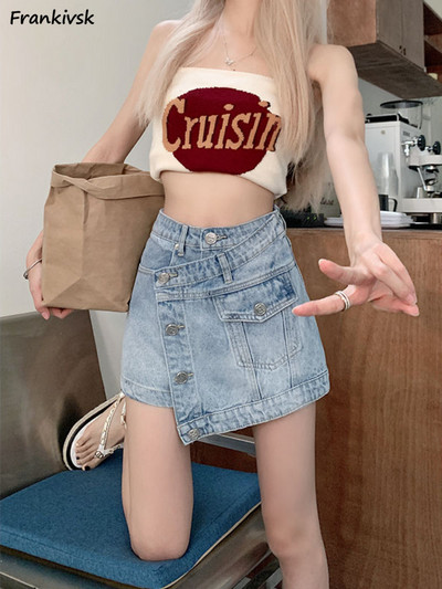 Асиметрични къси панталони Дамски плътни копчета Fly Pocket Vintage Streetwear Елегантна мода Harajuku Корейски стил Y2K Универсален деним