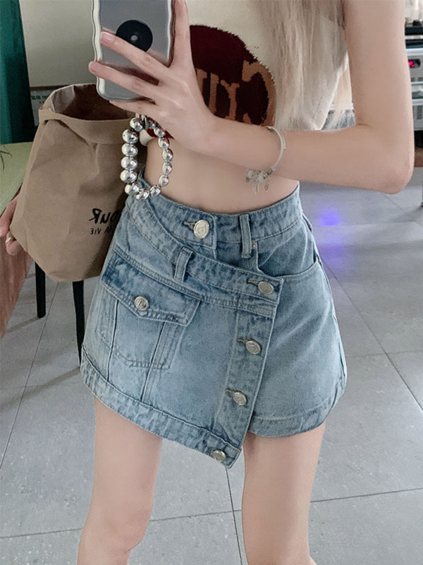 Asimetriški moteriški šortai su kišenėmis su mygtukais, vintažinė gatvės apranga Elegantiška mada Harajuku korėjietiško stiliaus Y2K, derantis džinsas