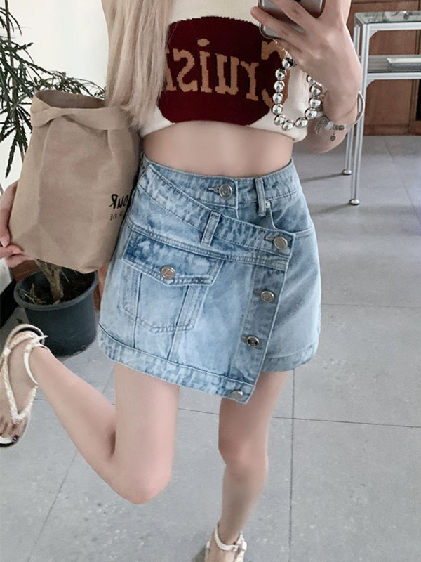 Asimetriški moteriški šortai su kišenėmis su mygtukais, vintažinė gatvės apranga Elegantiška mada Harajuku korėjietiško stiliaus Y2K, derantis džinsas