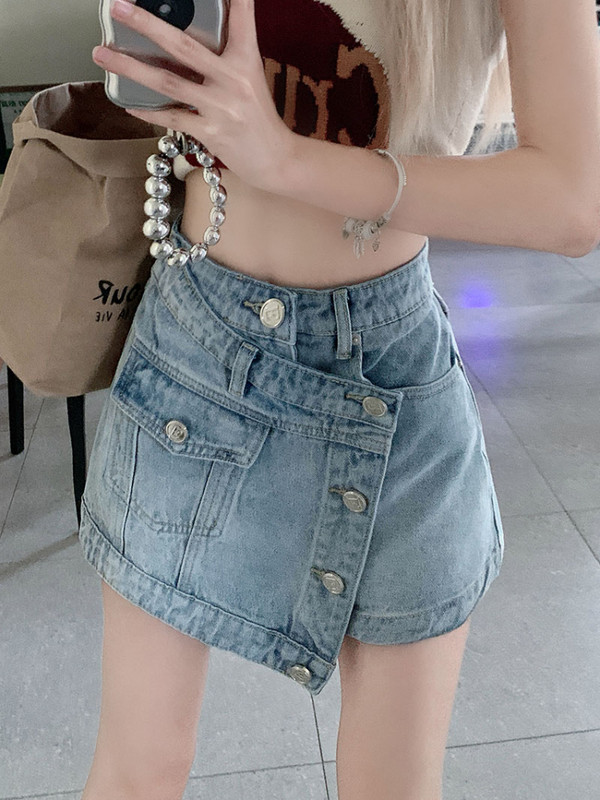 Asimetriški moteriški šortai su kišenėmis su mygtukais, vintažinė gatvės apranga Elegantiška mada Harajuku korėjietiško stiliaus Y2K, derantis džinsas