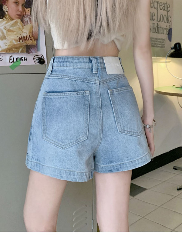 Asimetriški moteriški šortai su kišenėmis su mygtukais, vintažinė gatvės apranga Elegantiška mada Harajuku korėjietiško stiliaus Y2K, derantis džinsas