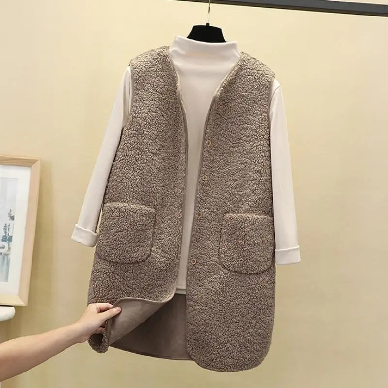 Mantoane lungi pentru femei Vestă Iarnă Nouă Toamnă Paltoane din lână de miel Vestă termică Jachetă Fleece Fără mâneci Veste pentru femei