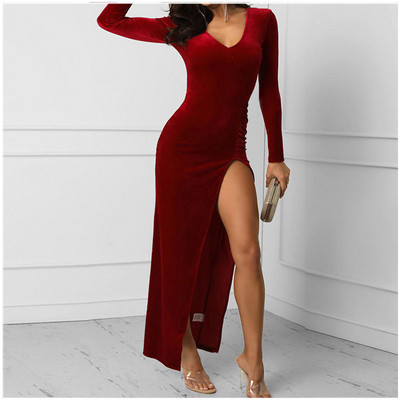 Rochii maxi din catifea pentru femei, toamnă iarnă, ocazional, cu mânecă lungă, cu elastic înalt, rochie bodycon, vintage, sexy, cu decolteu în V, rochii lungi de petrecere