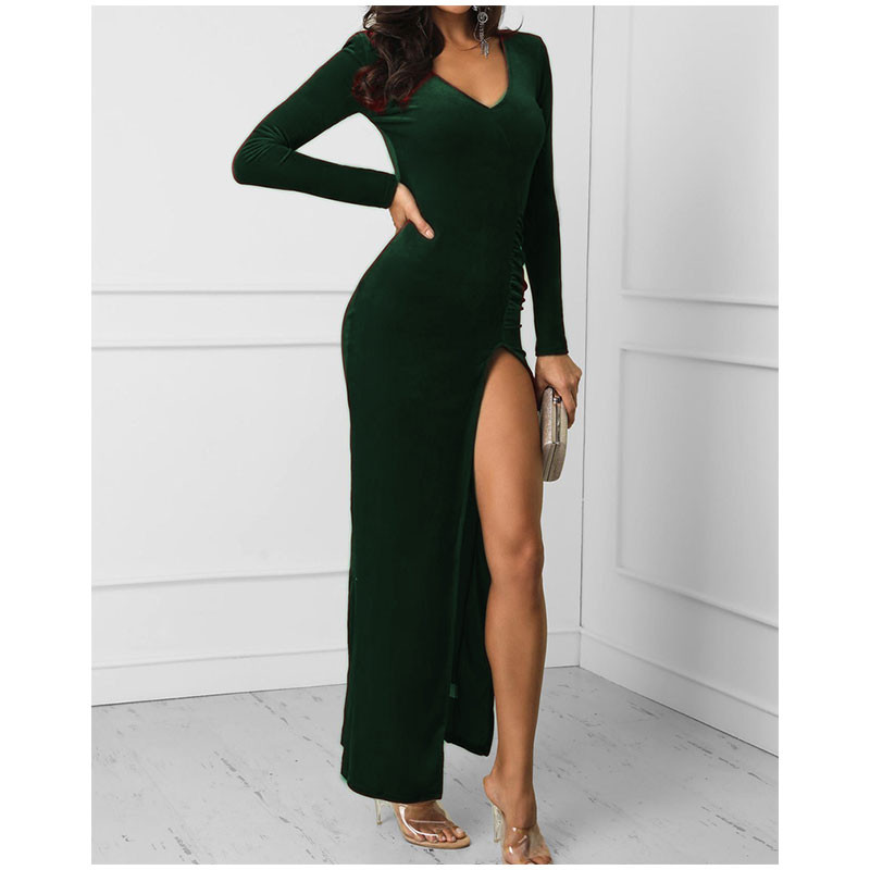 Rochii maxi din catifea pentru femei, toamnă iarnă, ocazional, cu mânecă lungă, cu elastic înalt, rochie bodycon, vintage, sexy, cu decolteu în V, rochii lungi de petrecere