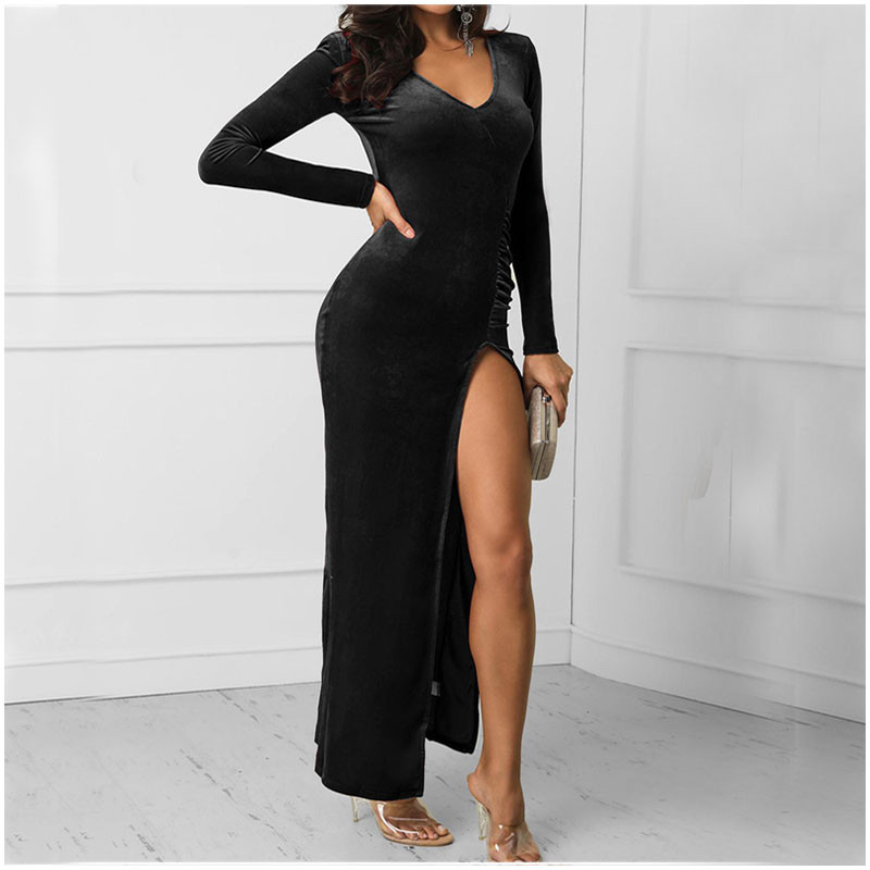 Rochii maxi din catifea pentru femei, toamnă iarnă, ocazional, cu mânecă lungă, cu elastic înalt, rochie bodycon, vintage, sexy, cu decolteu în V, rochii lungi de petrecere