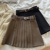 Kimotimo korėjiečių preppy stiliaus klostuotas mini sijonas moterims, 2023 m. rudens retro plonas diržas aukštu juosmeniu, universalus A formos Y2k sijonai, saldūs