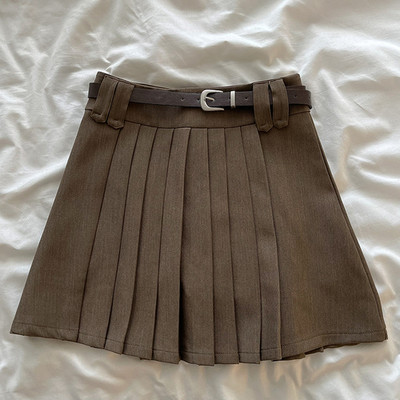 Kimotimo korėjiečių preppy stiliaus klostuotas mini sijonas moterims, 2023 m. rudens retro plonas diržas aukštu juosmeniu, universalus A formos Y2k sijonai, saldūs