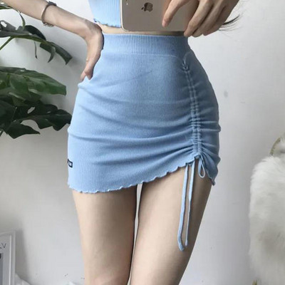 Ženske suknje s vezicama s vezom na boku, tanke, elastične francuske kratke suknje s visokim strukom, kratka suknja za djevojke Pletena kratka suknja Harajuku