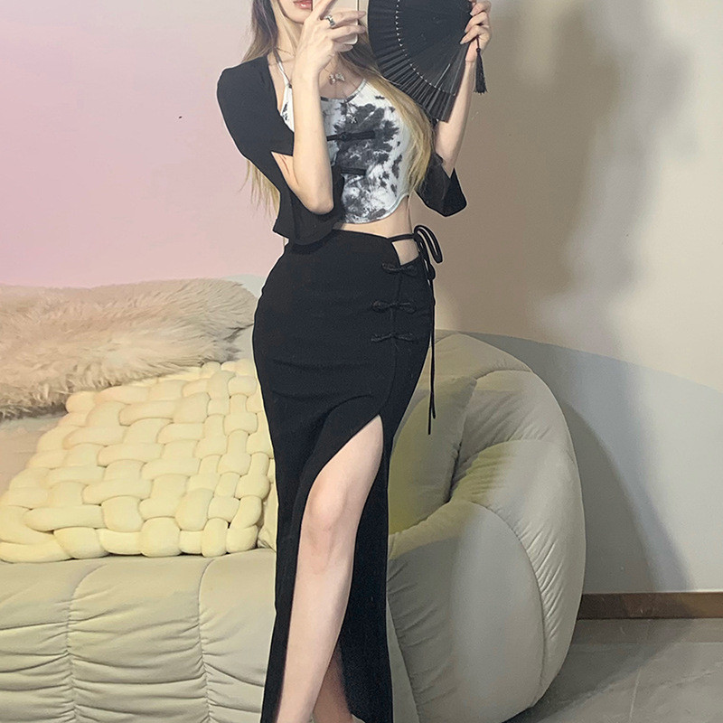 Dámska módna mini sukňa s vysokým pásom a šnúrkou, čierna, sťahovacia šnúrka, sexy úzka sukňa s rozparkom 2022