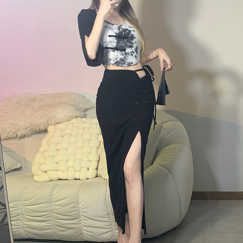 Dámska módna mini sukňa s vysokým pásom a šnúrkou, čierna, sťahovacia šnúrka, sexy úzka sukňa s rozparkom 2022