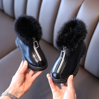 Детски обувки за момиче Детски модни ботуши Tide Нови корейски зимни ботуши на платформа Топли кожени плътни черни обувки за малко момиче