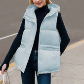 Vestă groasă de iarnă, cu glugă, ocazională, pentru femei, din bumbac, de culoare solidă, cu buzunar, cu fermoar.