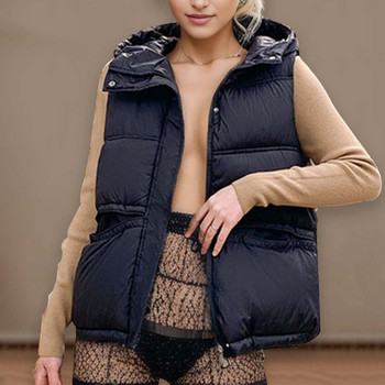 Χοντρό χειμερινό γιλέκο με κουκούλα casual γυναικεία μονόχρωμη βαμβακερή τσέπη με φερμουάρ Γιλέκο φαρδιά κουκούλα μπουφάν ώμου για εξωτερικούς χώρους
