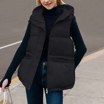 Vestă groasă de iarnă, cu glugă, ocazională, pentru femei, din bumbac, de culoare solidă, cu buzunar, cu fermoar.