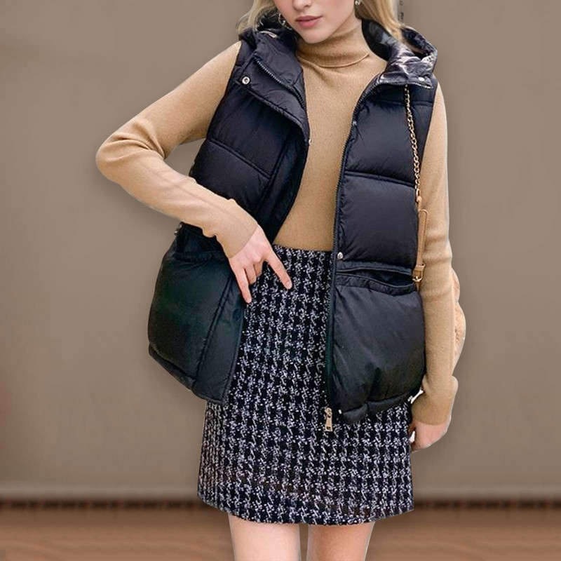 Vestă groasă de iarnă, cu glugă, ocazională, pentru femei, din bumbac, de culoare solidă, cu buzunar, cu fermoar.