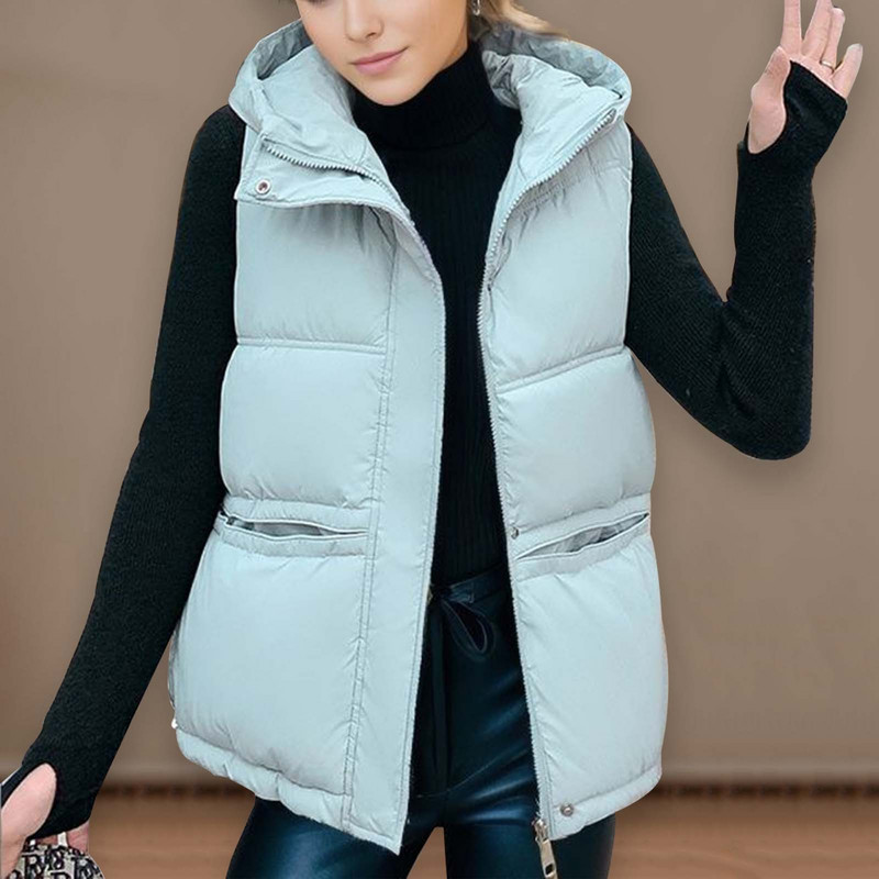 Vestă groasă de iarnă, cu glugă, ocazională, pentru femei, din bumbac, de culoare solidă, cu buzunar, cu fermoar.