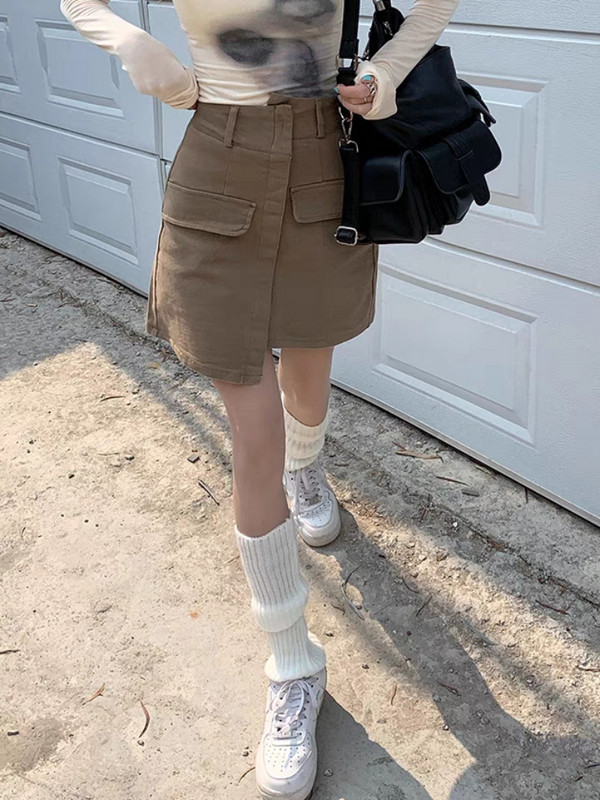 Suknje Ženske Džepovi Visoki struk Jednobojna Jednostavna Ulična odjeća Slobodno vrijeme Elegantna Višeslojna Trendy ljetni korejski stil Asimetrični šik
