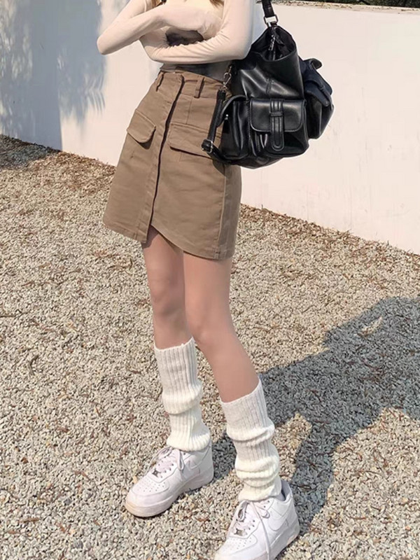 Suknje Ženske Džepovi Visoki struk Jednobojna Jednostavna Ulična odjeća Slobodno vrijeme Elegantna Višeslojna Trendy ljetni korejski stil Asimetrični šik