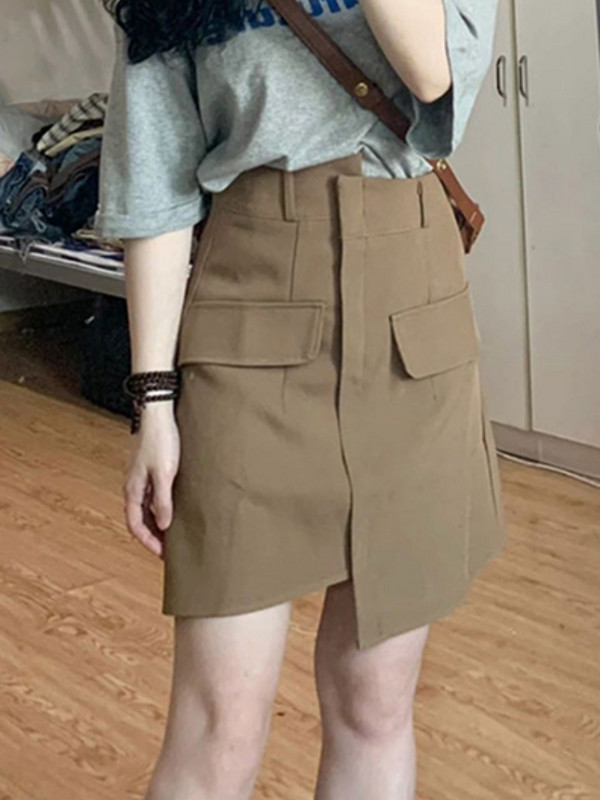 Suknje Ženske Džepovi Visoki struk Jednobojna Jednostavna Ulična odjeća Slobodno vrijeme Elegantna Višeslojna Trendy ljetni korejski stil Asimetrični šik