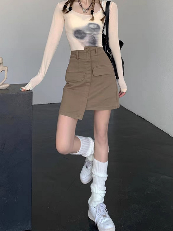Suknje Ženske Džepovi Visoki struk Jednobojna Jednostavna Ulična odjeća Slobodno vrijeme Elegantna Višeslojna Trendy ljetni korejski stil Asimetrični šik