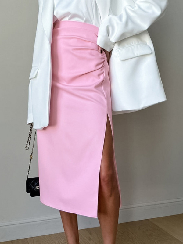 Fusta roz cu fante simplă, solidă, cu șold, fuste midi cu talie înaltă, pentru femei, la modă 2023, toamna ocazională pentru navetiști.