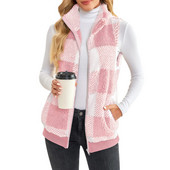 Lână îngroșă vestă caldă jachetă femei ocazional modă cu fermoar solid vrac, fără mâneci, vestă jachetă în carouri jachetă cu guler ridicat