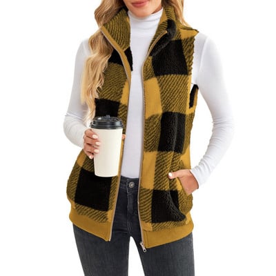 Lână îngroșă vestă caldă jachetă femei ocazional modă cu fermoar solid vrac, fără mâneci, vestă jachetă în carouri jachetă cu guler ridicat