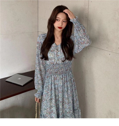 2023 Nouă talie slăbire peste genunchi Fusta lungă pentru doamnă Mic parfum delicat cu mânecă lungă Rochie florală de primăvară devreme