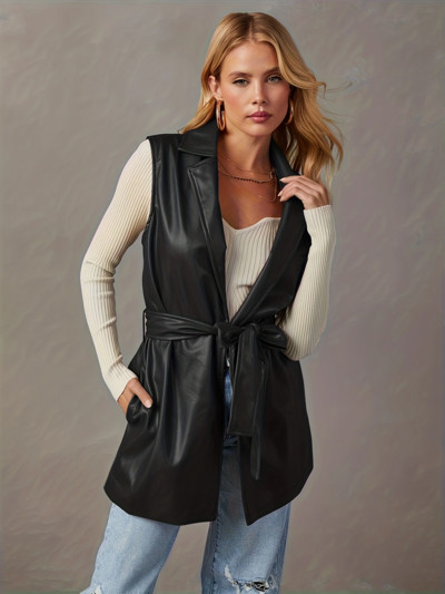 Vestă solidă cu rever deschis, haină ocazională fără mâneci Îmbrăcăminte pentru femei de primăvară și toamnă