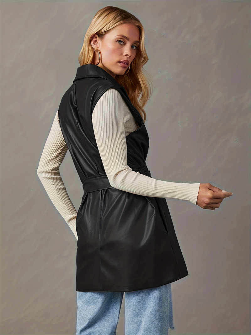 Vestă solidă cu rever deschis, haină ocazională fără mâneci Îmbrăcăminte pentru femei de primăvară și toamnă