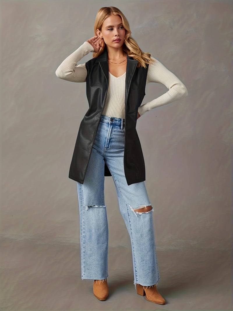 Vestă solidă cu rever deschis, haină ocazională fără mâneci Îmbrăcăminte pentru femei de primăvară și toamnă