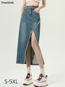 Fuste din denim femei la modă timp liber cu talie înaltă cu ciucuri asimetrice solide, simple, vară, confortabile, îmbrăcăminte pentru femei, îmbrăcăminte de stradă cu design cu fantă