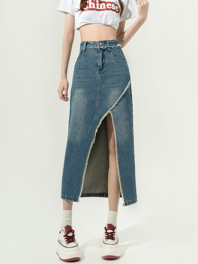 Fuste din denim femei la modă timp liber cu talie înaltă cu ciucuri asimetrice solide, simple, vară, confortabile, îmbrăcăminte pentru femei, îmbrăcăminte de stradă cu design cu fantă