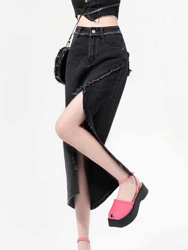 Fuste din denim femei la modă timp liber cu talie înaltă cu ciucuri asimetrice solide, simple, vară, confortabile, îmbrăcăminte pentru femei, îmbrăcăminte de stradă cu design cu fantă